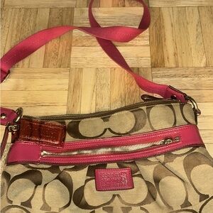 Coach Beige Signature Canvas Crossbody with Pink Trim